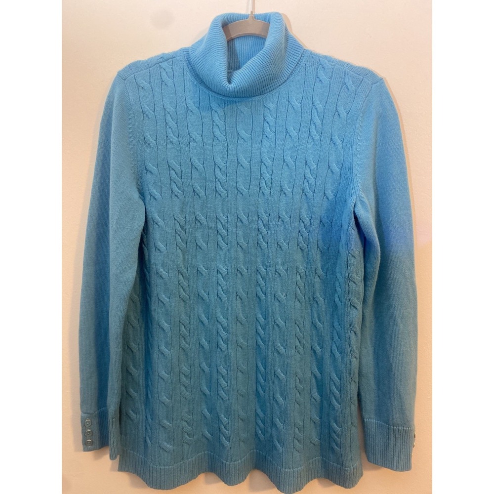 Talbots Cable Knit Turtleneck Sweater Soft Wool Spring Blue.  Woman's PL.  EUC